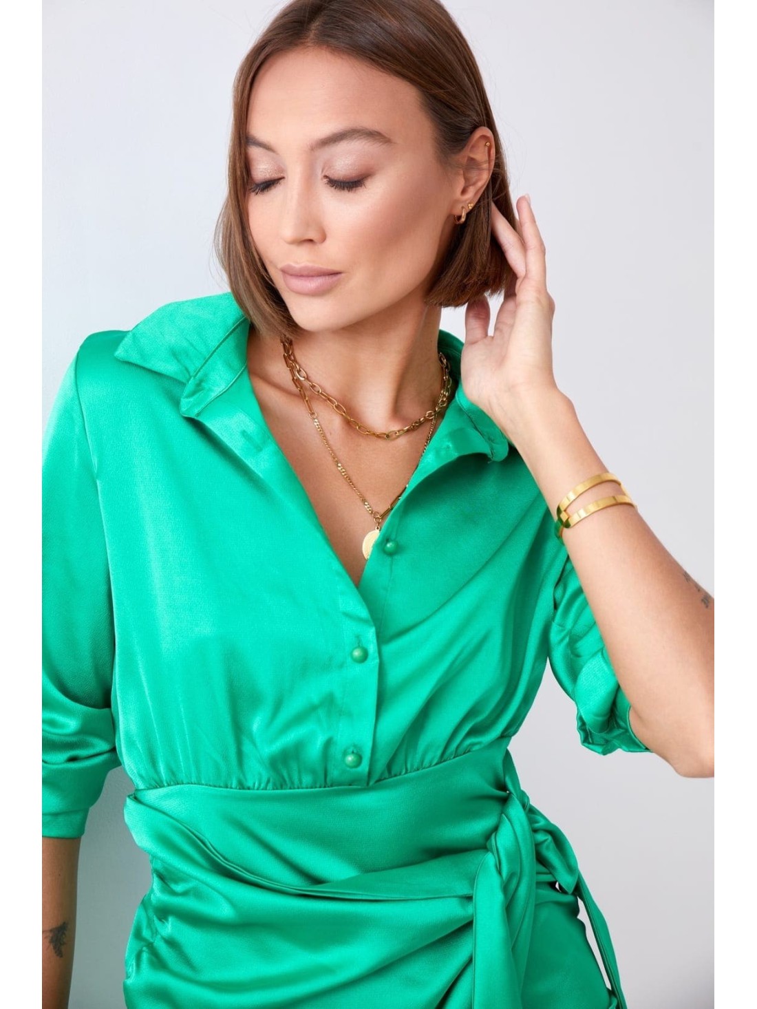 Rochie camasa cu fata legata, verde FG642 - Magazin online - Boutique